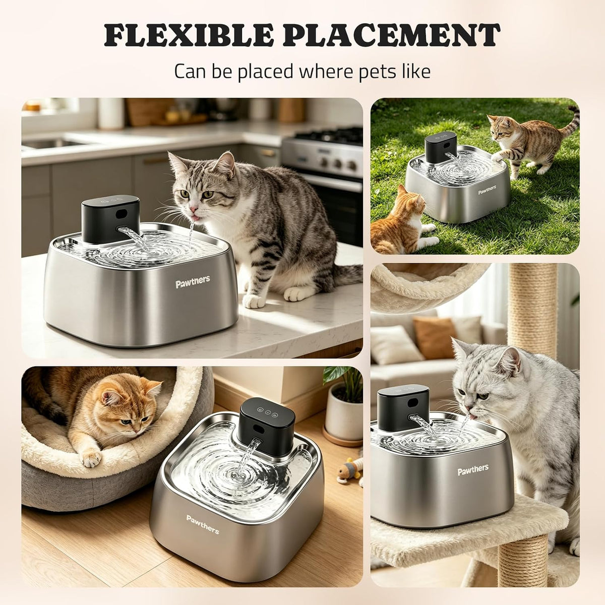 Pumpless Cat Water Fountain Stainless Steel 108oz/3.2L, 3 Modes