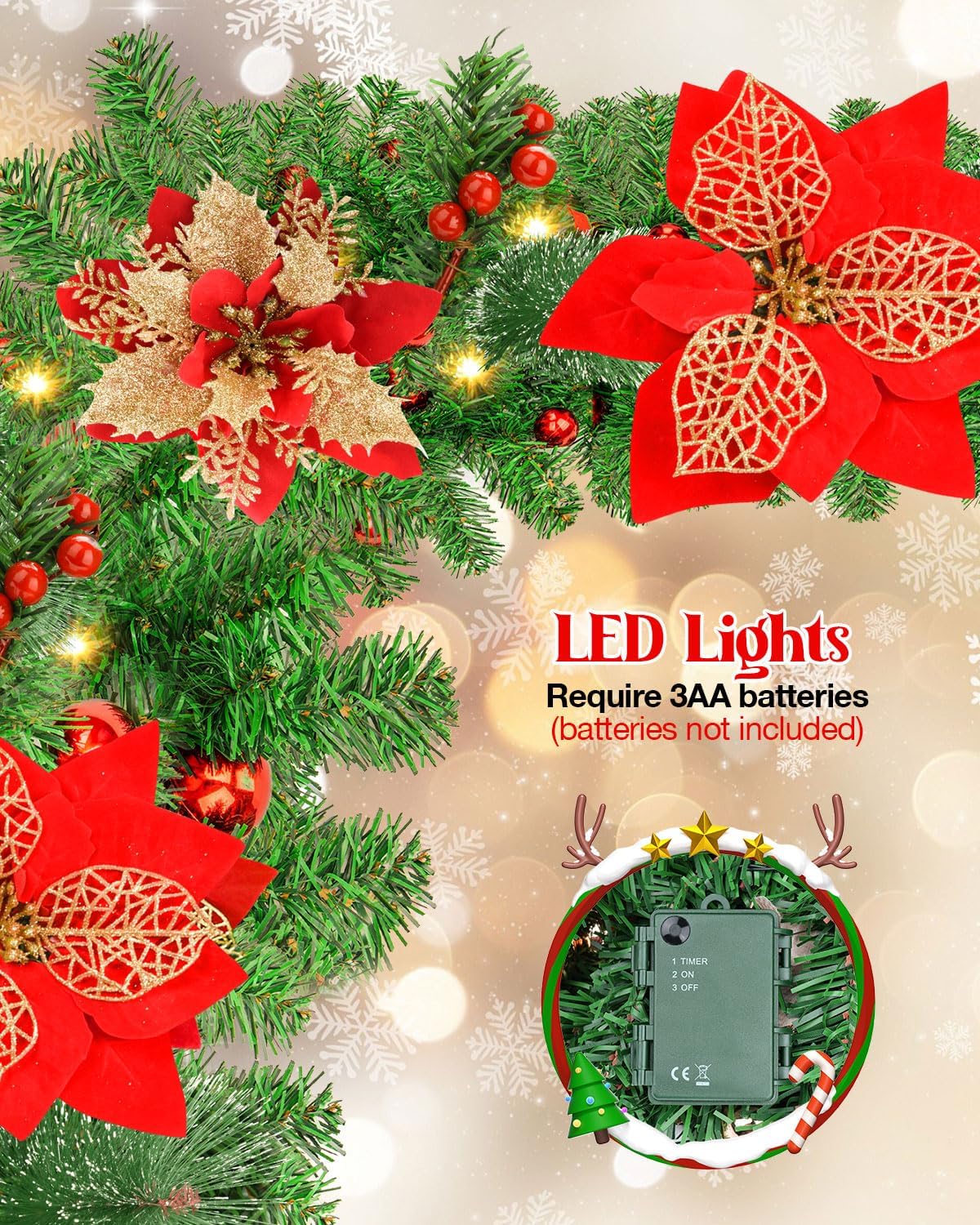 Christmas Garland, 9FT/2.7M Xmas Garland with Lights for Front Door, Christmas Tree Decorations, Mantle, Home