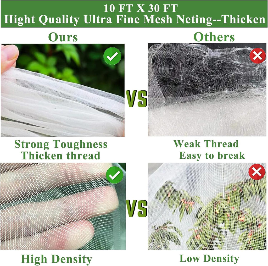Garden Mesh Netting Kit, 10 * 30FT Ultra Fine Netting Plant Covers with 6 Pcs Wide Garden Hoops & 18 Clip, Garden