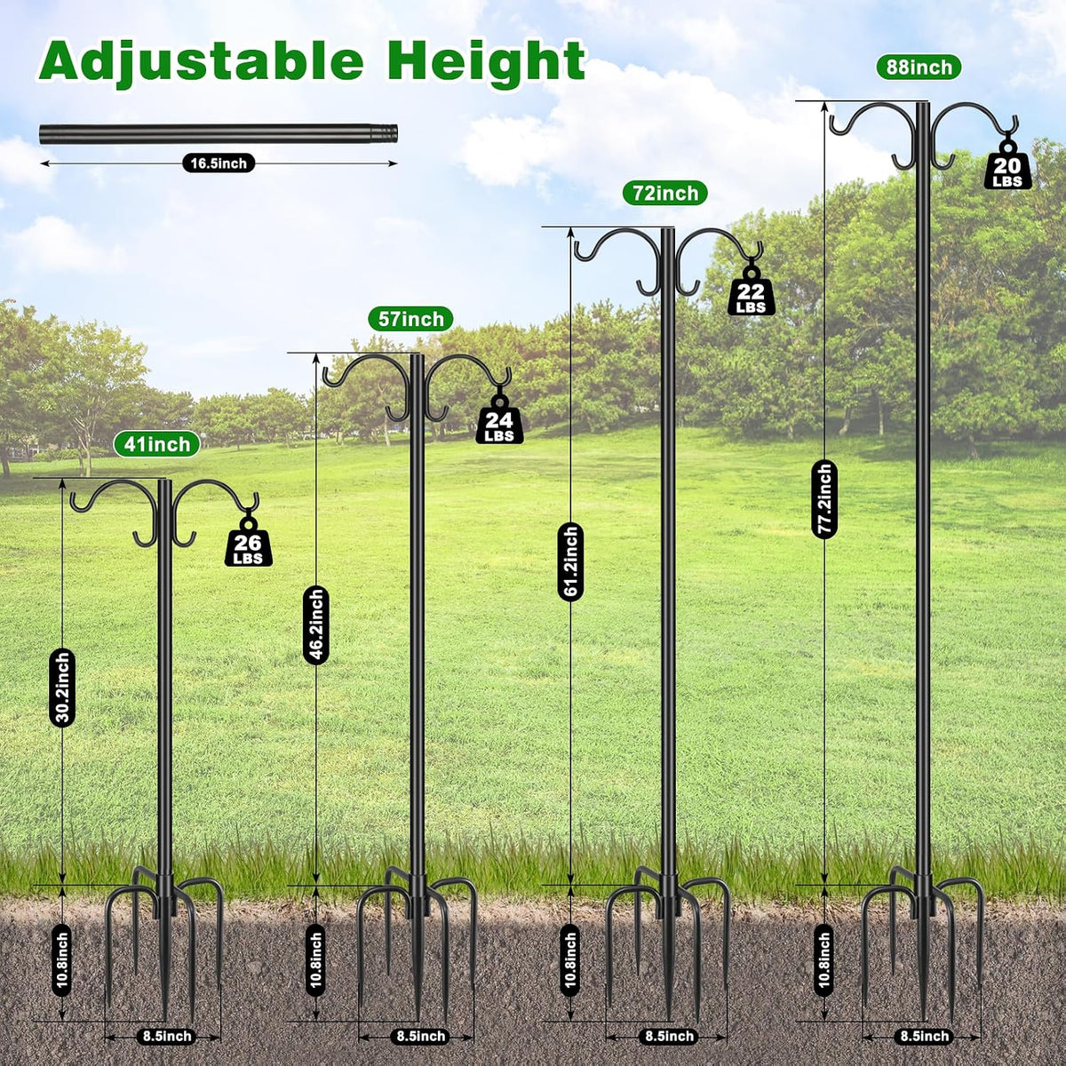 88inch Double Shepherd Hook for Outdoor, 1” Bird Feeder Pole,2Pack