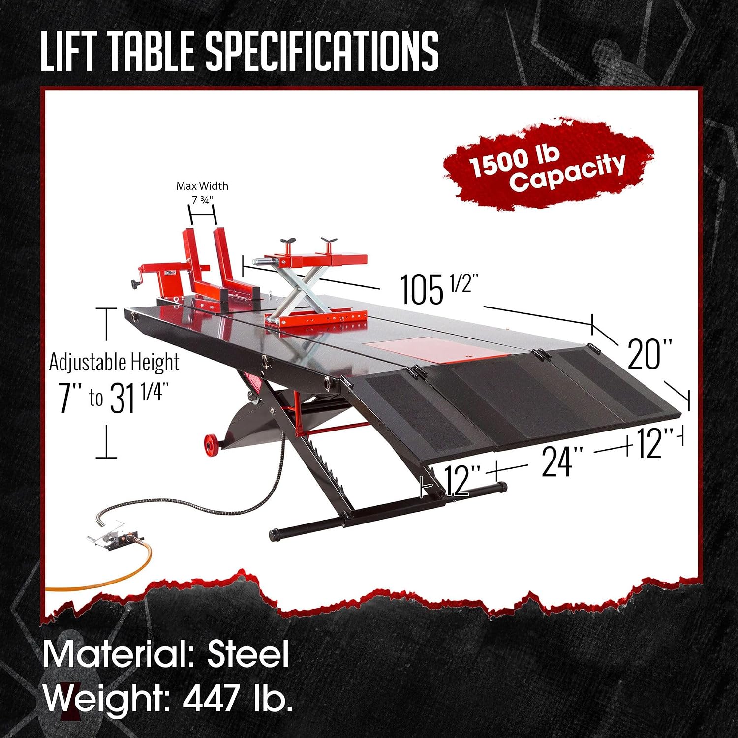 Motorcycle Lift Table, Pneumatic, 1,500 lb, ProLift, 31.25"