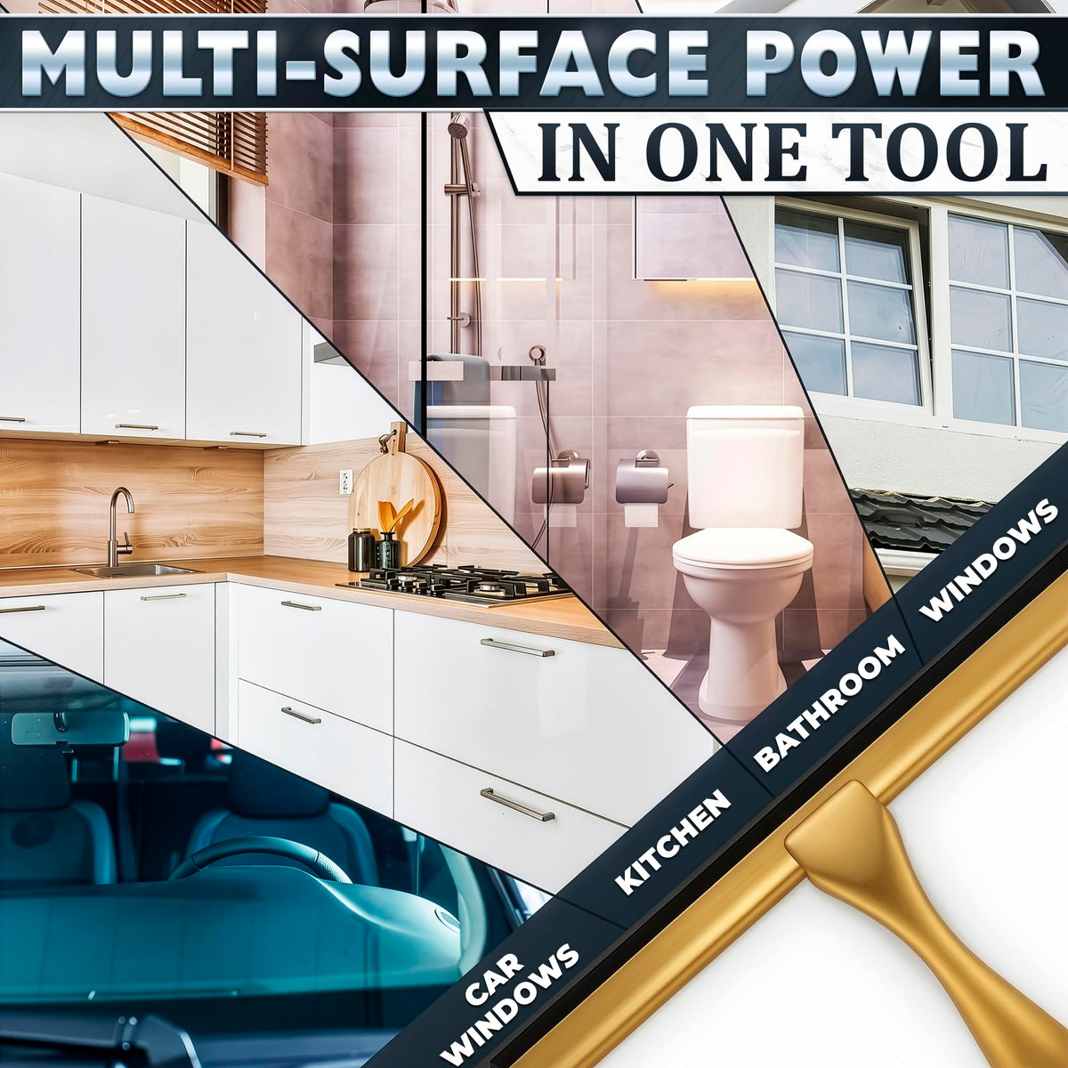 10" Shower Squeegee for Glass Doors & Windows with 2 Hooks, Gold