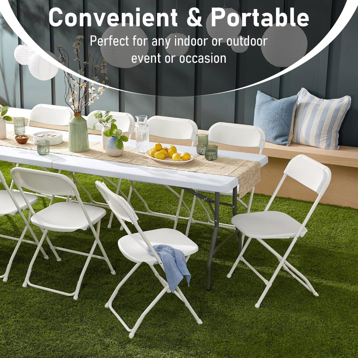 6FT Plastic Folding Table Set with 6 White Folding Chairs, Portable Heavy Duty Table and Chair Set for Picnic, Party