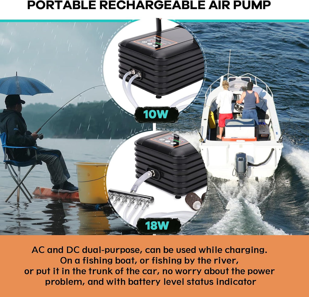 IPX6 Rechargeable Aquarium Pond Air Pump, Powerful Quiet Tank Air Pump with Hose Air Stone Check Valve Adjustable