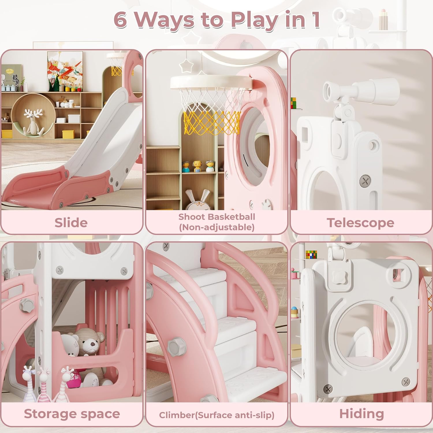 6 in 1 Toddler Slide, Indoor Slide for Toddlers 1-3, Freestanding Kids Slide and Climber for Inside Playground