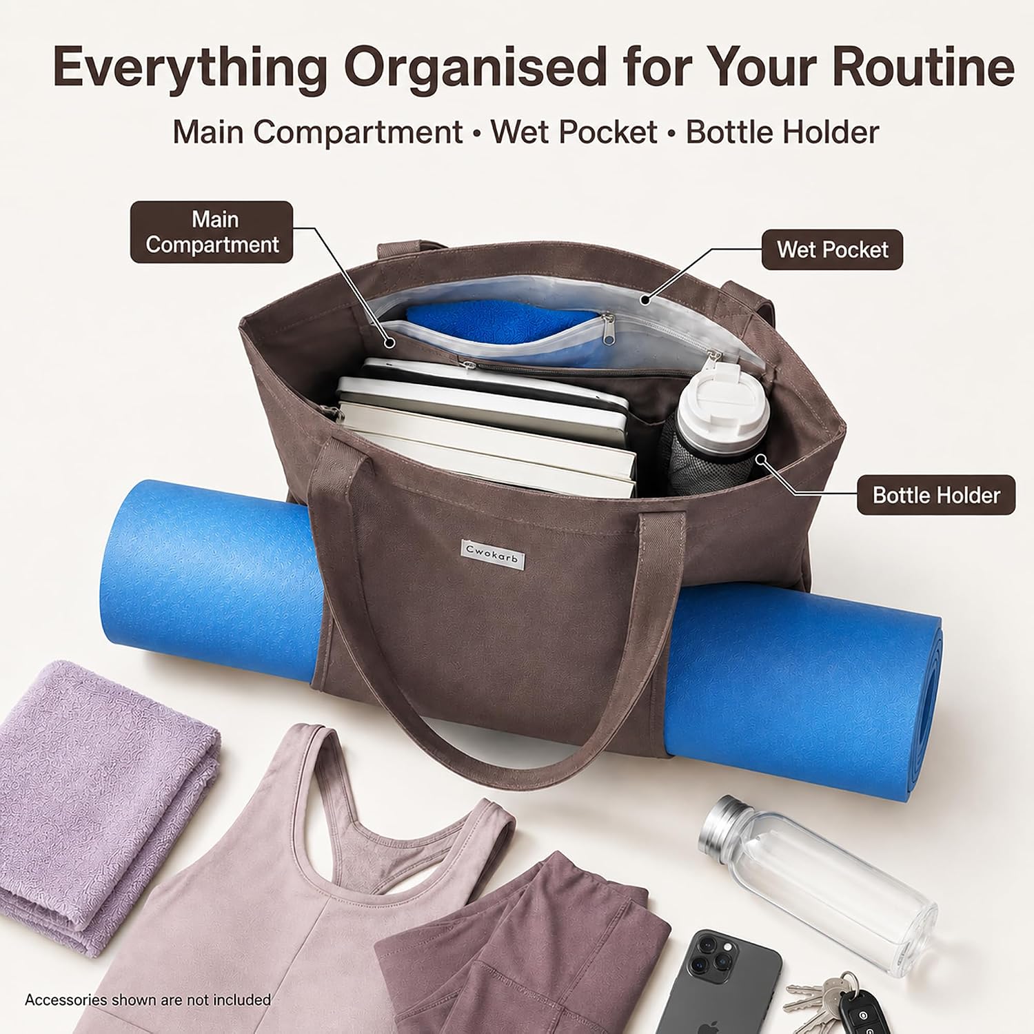 Yoga Mat Bag for Women, Pure Cotton Canvas Yoga Tote with Wet/Dry Pocket, Bottle Holder & Inner Zipper Pocket, Yoga