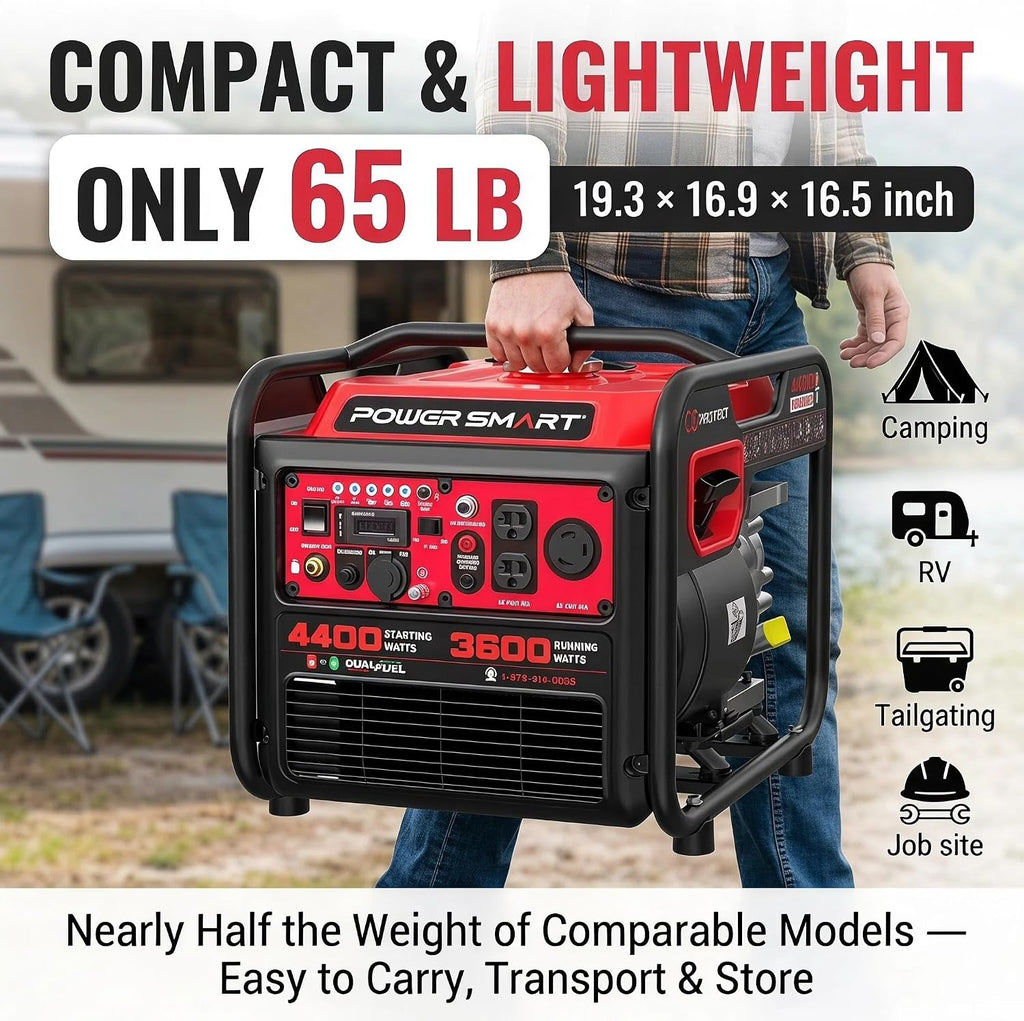4400W Dual Fuel Inverter Generator, Gas and Propane Portable Generator with 223cc Engine, 30A RV Ready, Auto Switch