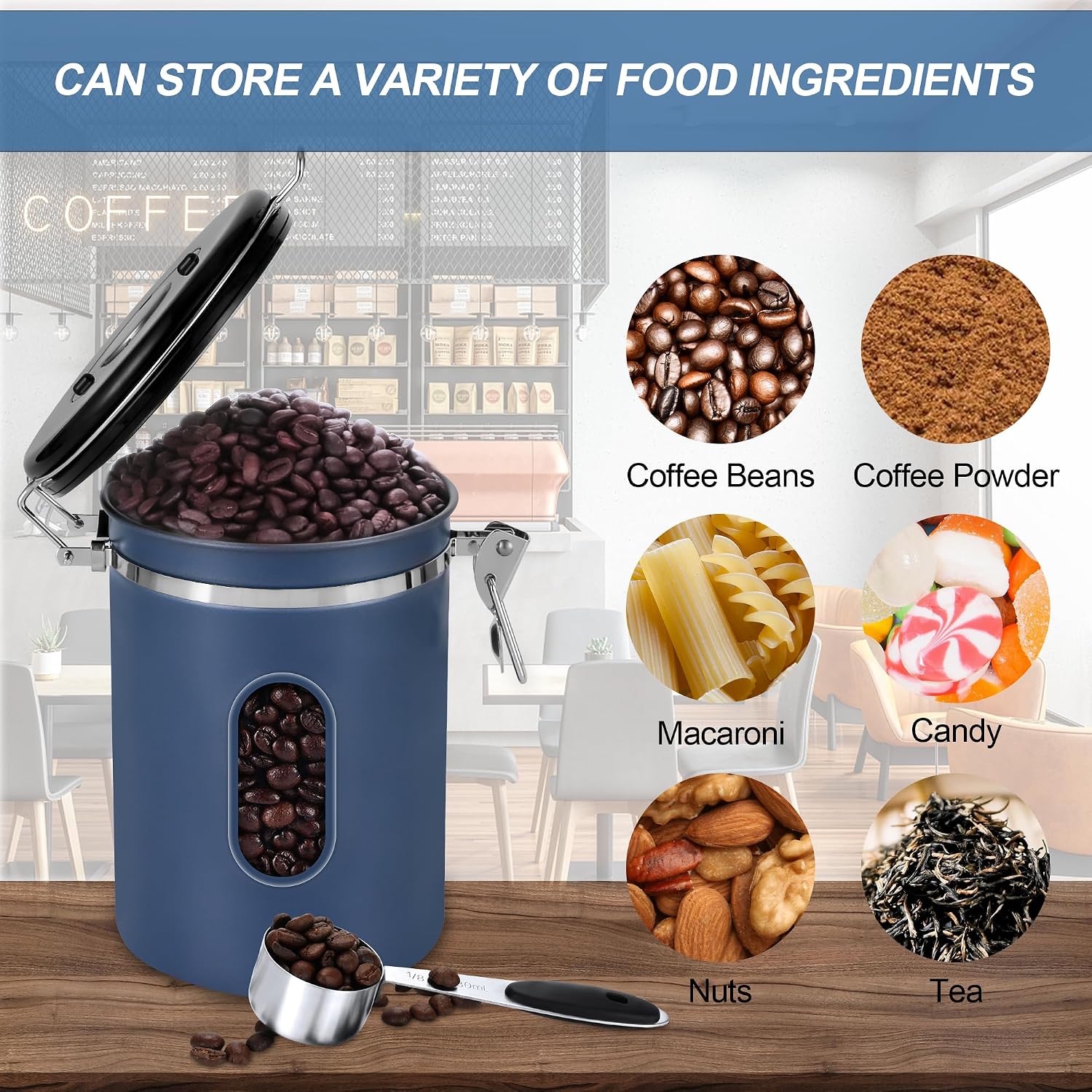 1800ML Airtight Coffee Canister with Date Tracker&Transparent Window, 22.8OZ Coffe Beans Storage with 30ML Measure