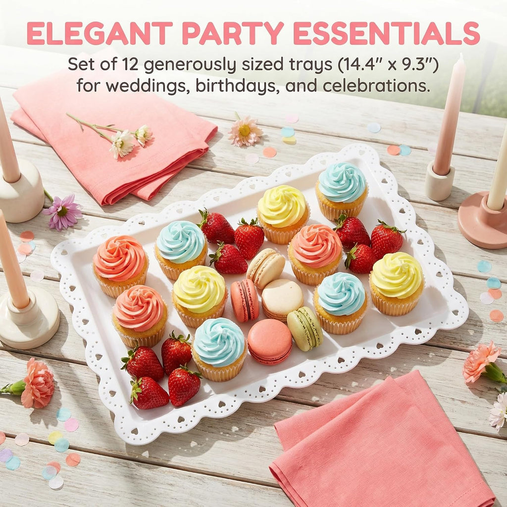 12 Pack White Plastic Serving Tray with Lace Rim, Rectangle Food Trays, Disposable Serving Platters and Trays for