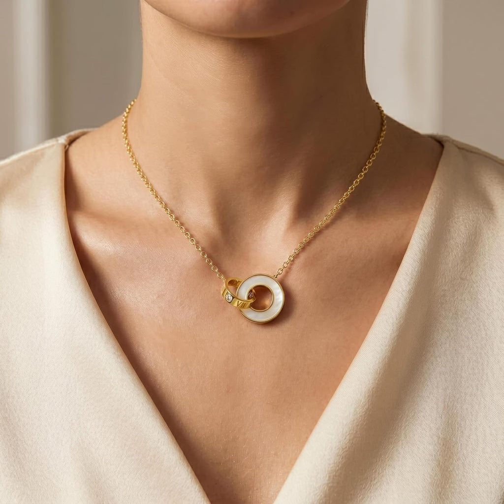 Pendant Necklace For Women, 18K Gold-Plated Chain, with Enamel Circle