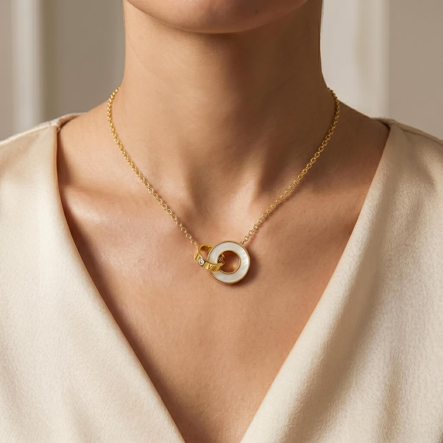 Pendant Necklace For Women, 18K Gold-Plated Chain, with Enamel Circle