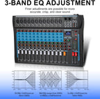 12 Channel Audio Interfacer Sound Board Mixer DJ Mixer 16-Bit DSP Effect USB Audio Mixer +48V Phantom Power Bluetooth