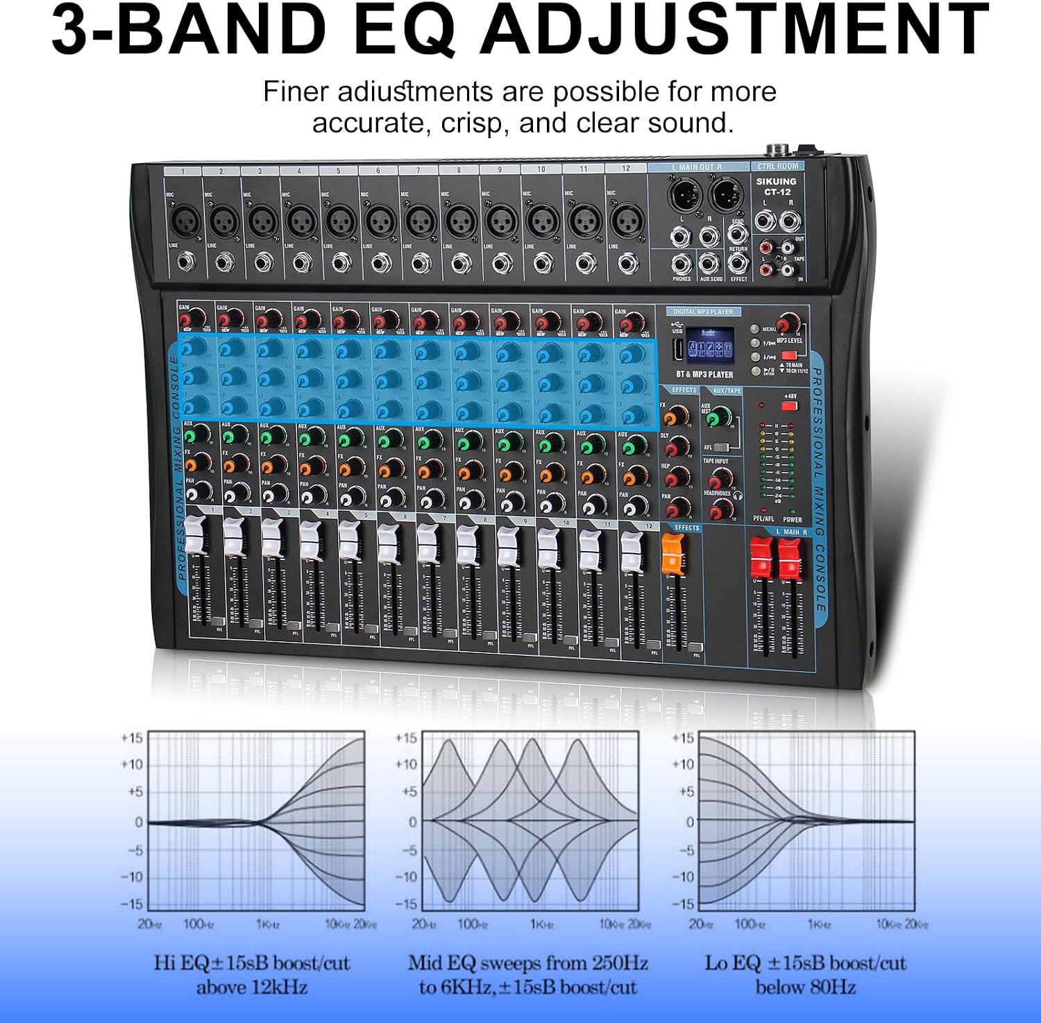 12 Channel Audio Interfacer Sound Board Mixer DJ Mixer 16-Bit DSP Effect USB Audio Mixer +48V Phantom Power Bluetooth