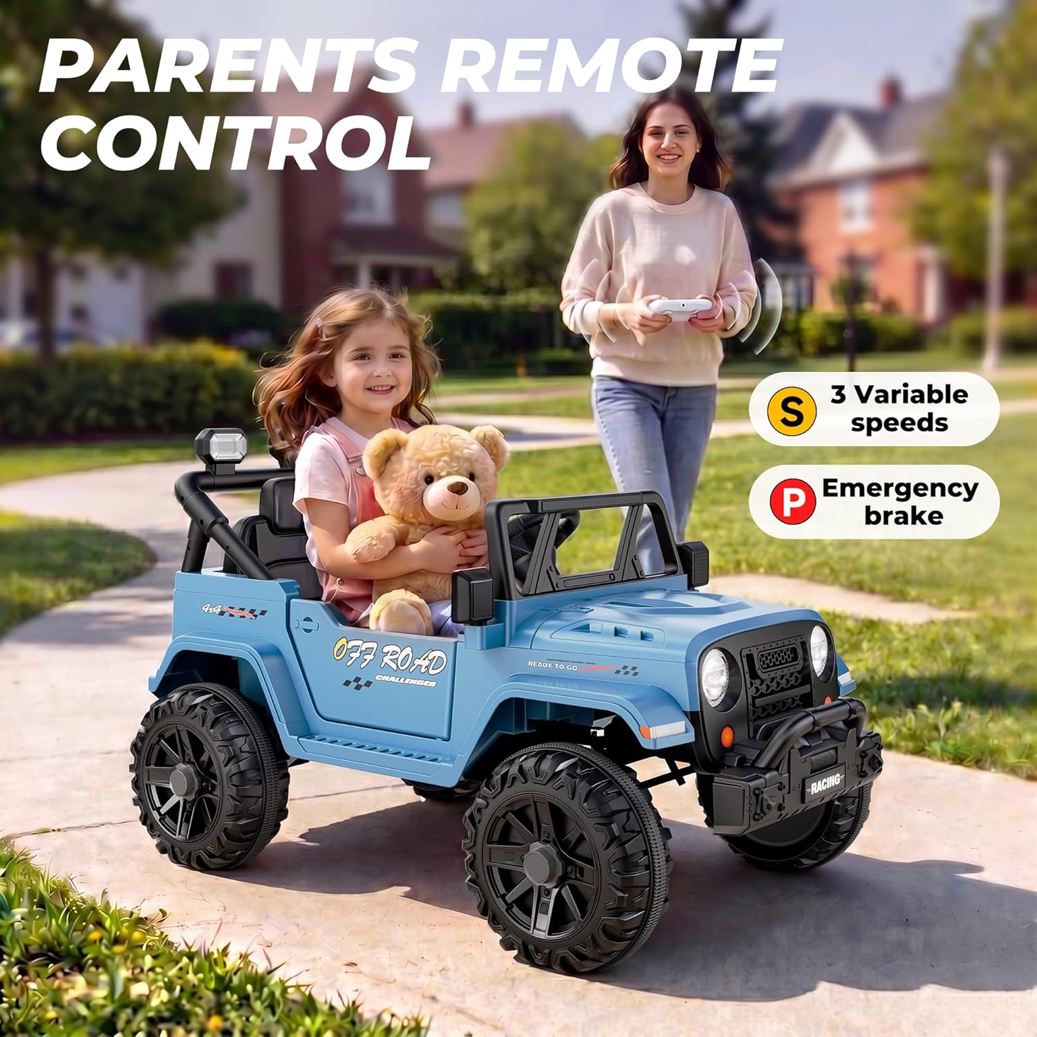 12V Electric Ride On Car, Toddler First Car, Blue | Realistic truck styling, parent remote control, soft start