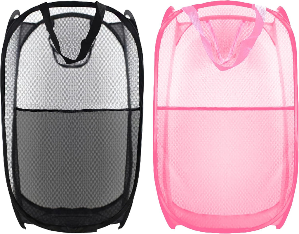 Collapsible Pop Up Laundry Hamper, Extra Large Mesh Foldable Laundry Basket Bag, 28" x 16" x 16", 2 Pack (Black + Pink)