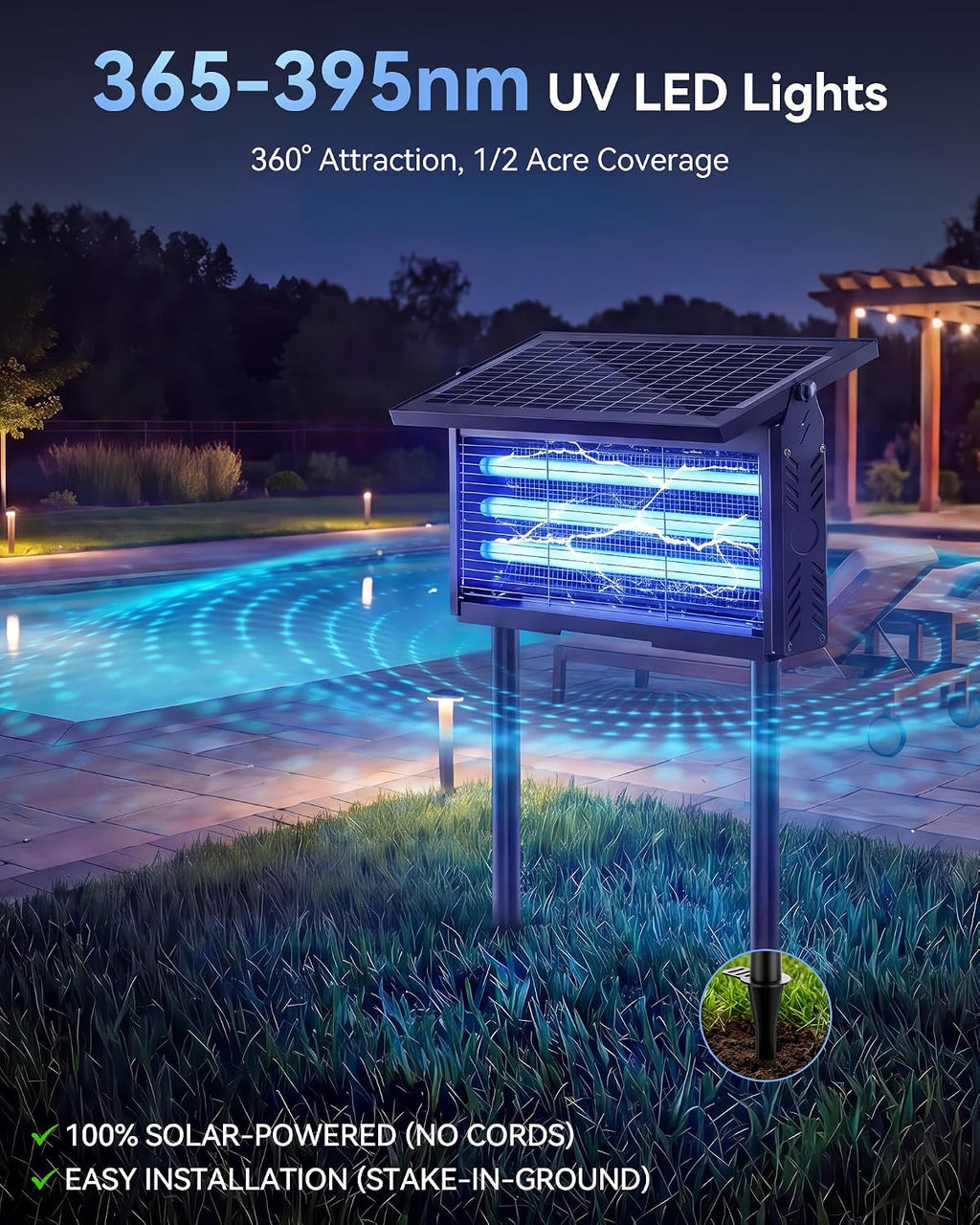 Solar Bug Zapper Outdoor, Mosquito Zapper Waterproof | Electric Fly Zapper Rechargeable Mosquito Killer, Cordless Fly