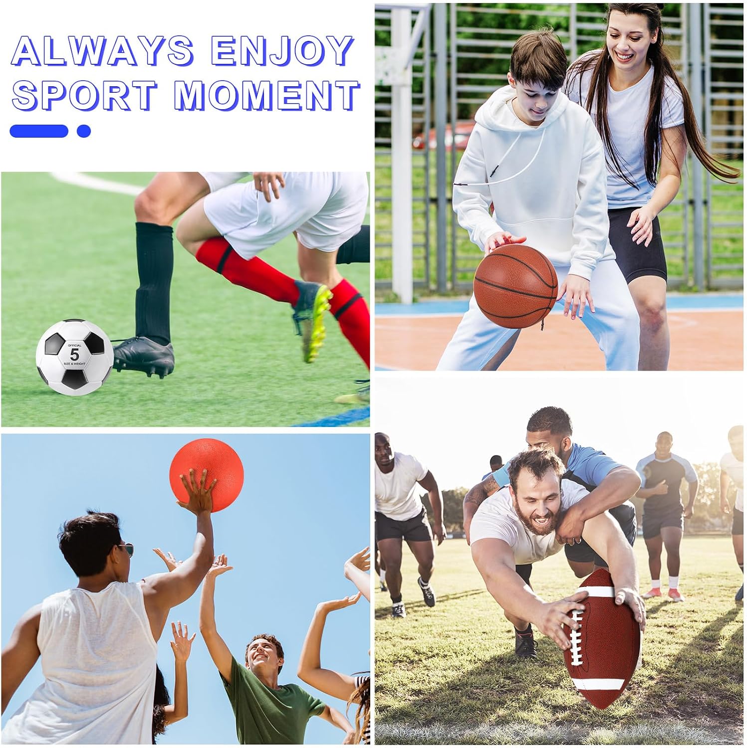 4 Pcs Sports Balls Set for Teen Adult, Include Official Size Basketball Soccer Football Playground Ball Pump