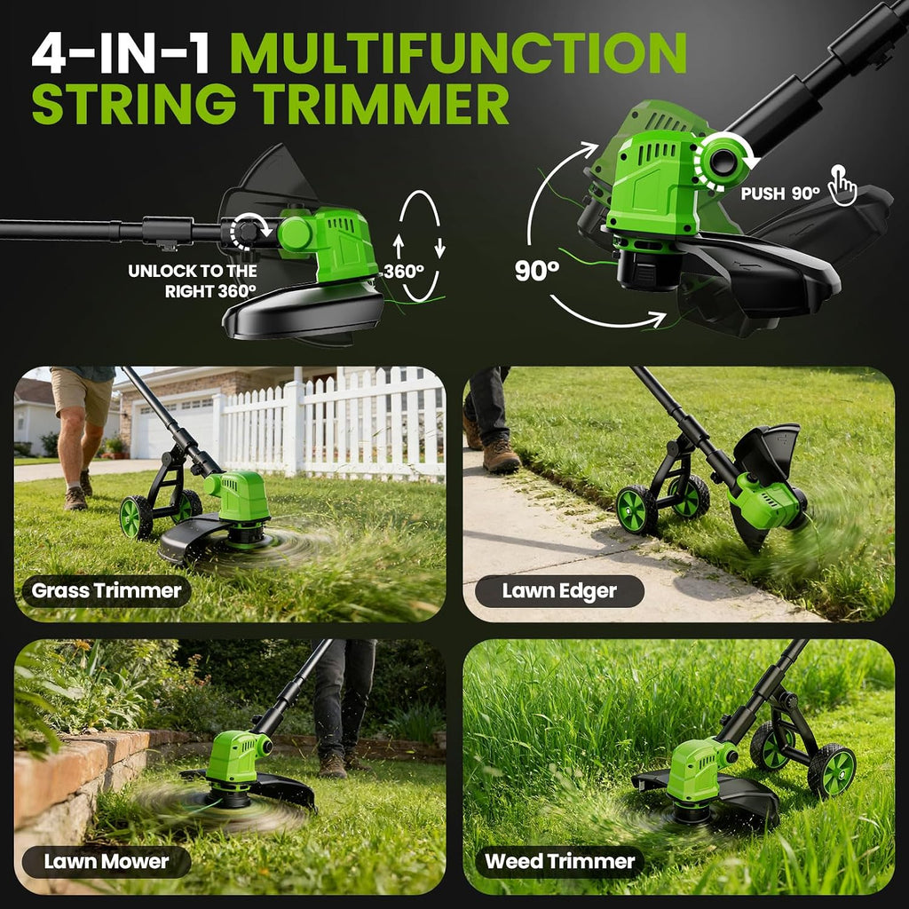 14" Electric String Trimmer Cordless Battery Powered Weed Eater with Wheel, 3-in-1 Cordless Grass Trimmer/Electric
