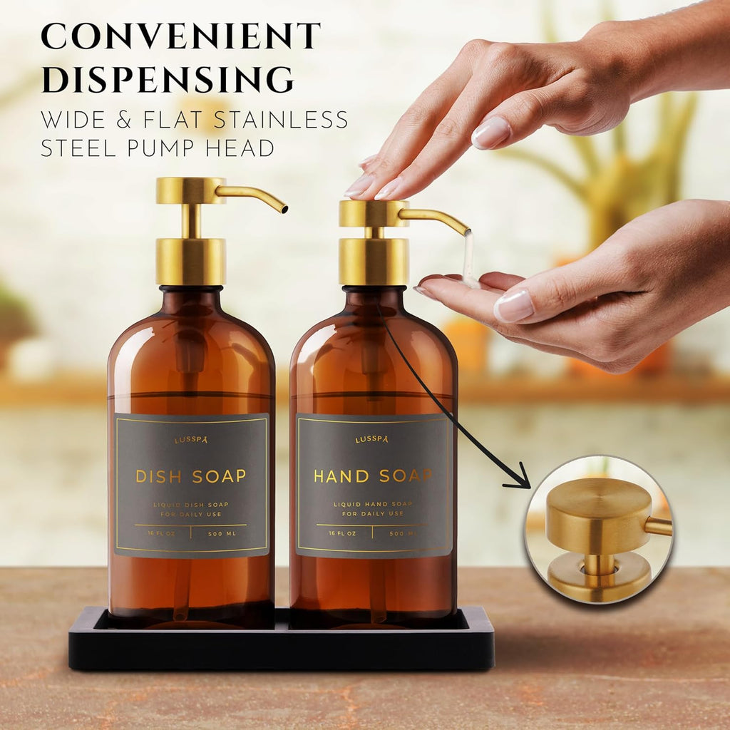 Glass Soap Dispenser Set of 2 (Amber) with Silicone Tray | Hand and Dish Soap Dispenser for Kitchen and Bathroom |