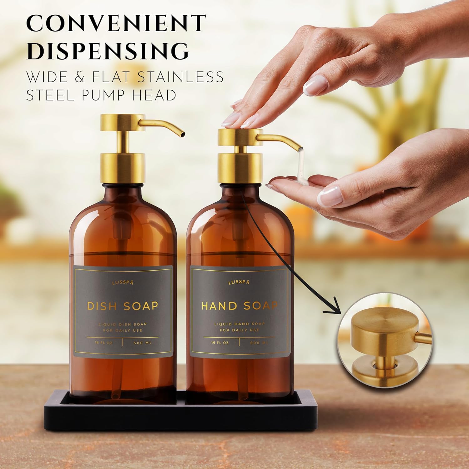 Glass Soap Dispenser Set of 2 (Amber) with Silicone Tray | Hand and Dish Soap Dispenser for Kitchen and Bathroom |