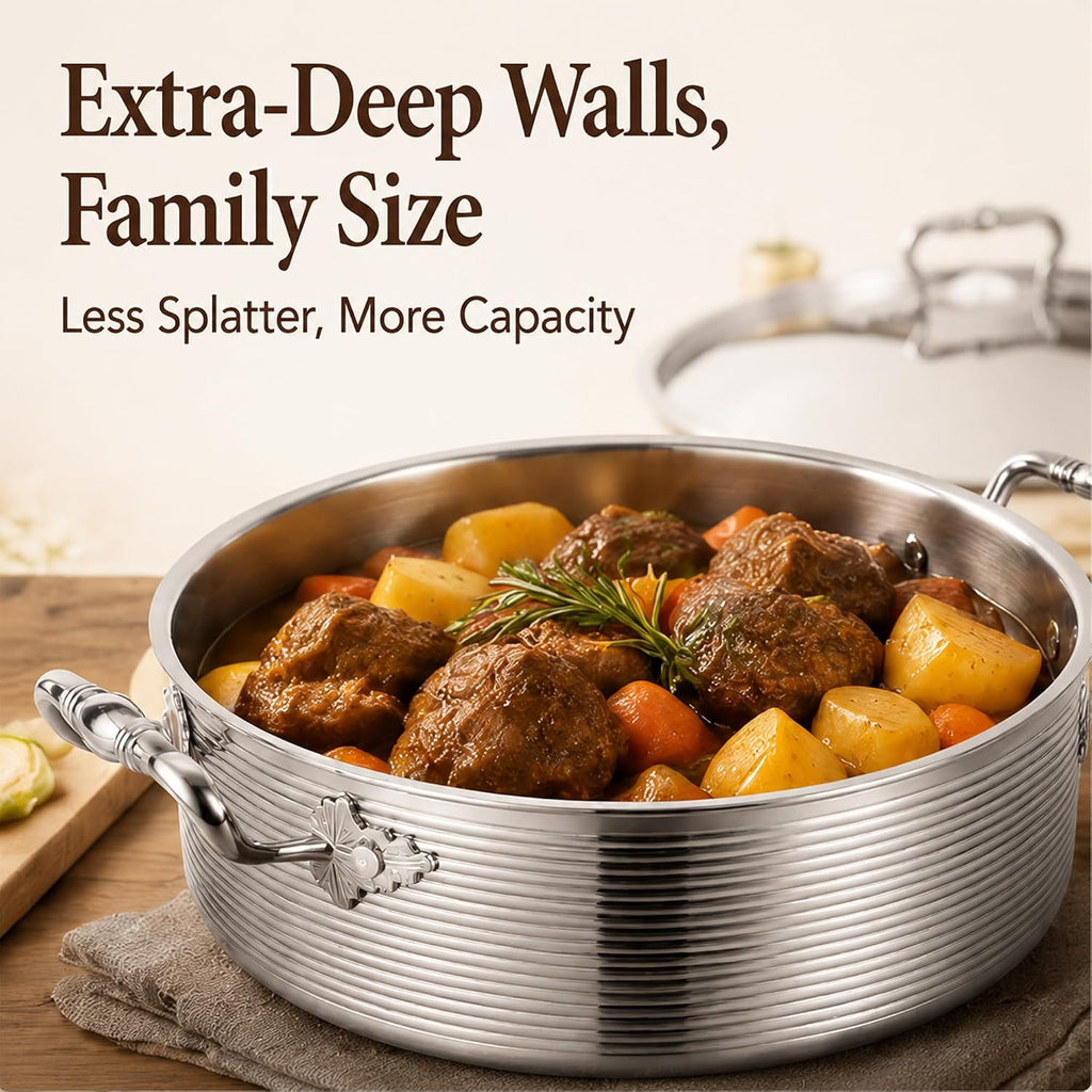 7 QT Stainless Steel Braiser Rondeau Pot with Lid, Riveted Handle