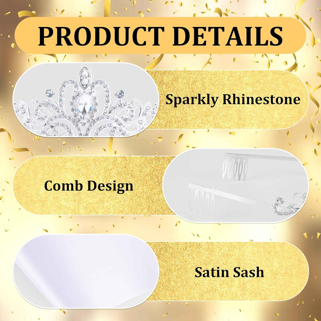 Custom White Sash and Crown, Silver Tiara Crown with Blank Satin Sash for Women Girls Sparkly Rhinestone Tiara Make
