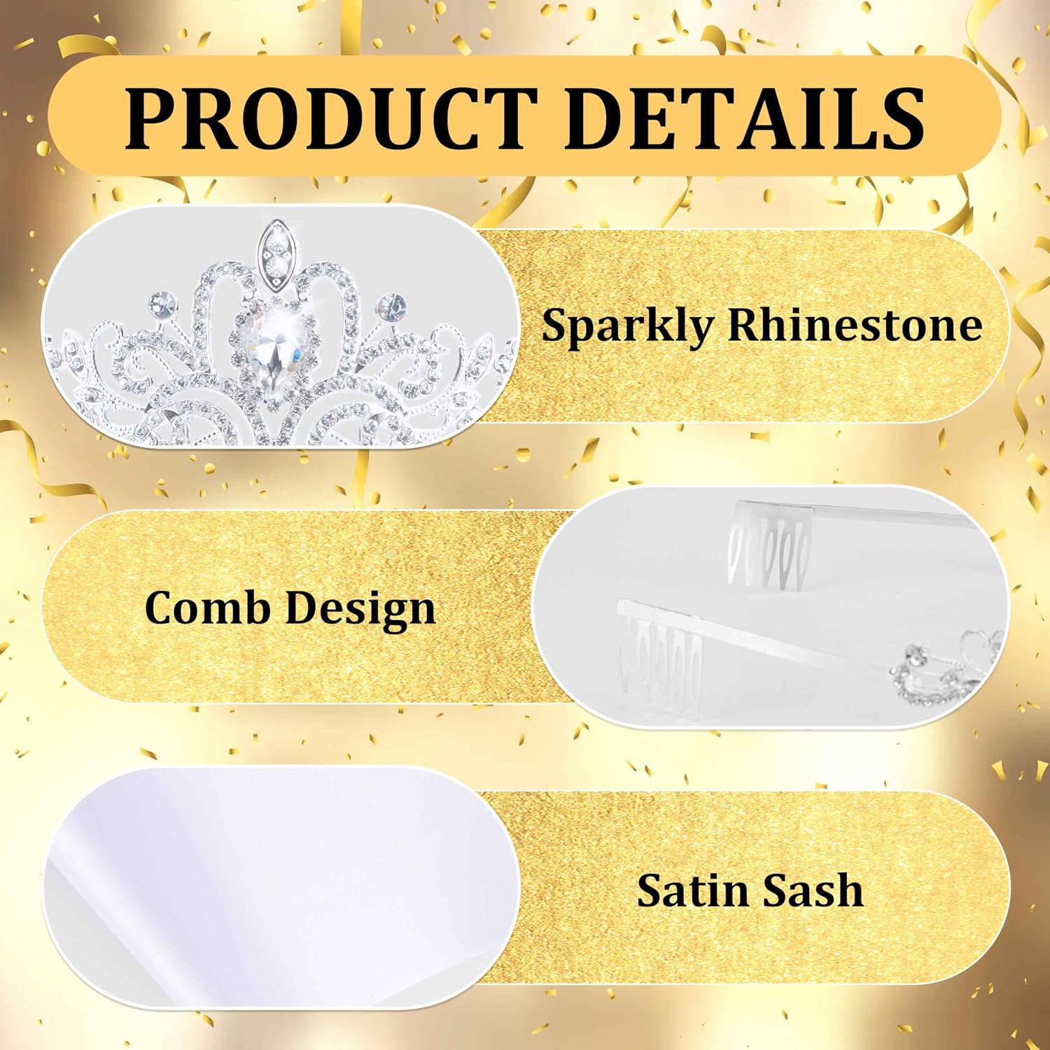 Custom White Sash and Crown, Silver Tiara Crown with Blank Satin Sash for Women Girls Sparkly Rhinestone Tiara Make