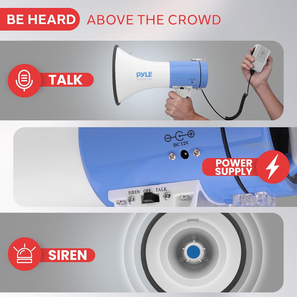 Pyle Portable Megaphone Bullhorn Speaker - 50W, 1200 Yard Range, Built-in Siren, Adjustable Volume Control and