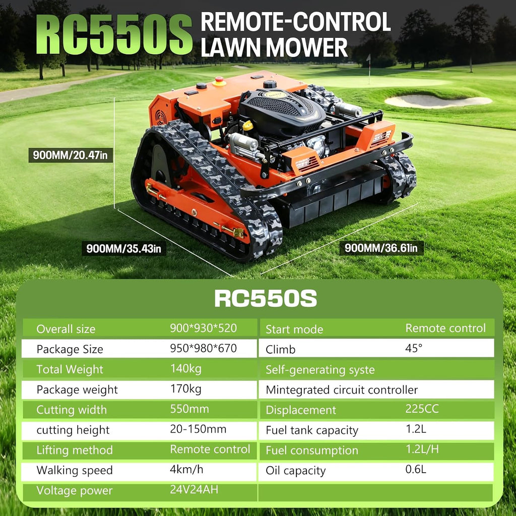 Remote Control Lawn Mower - All Terrain Tracks, 45° Slope Climbing, Gas Electric Hybrid, High Power Strong Mower