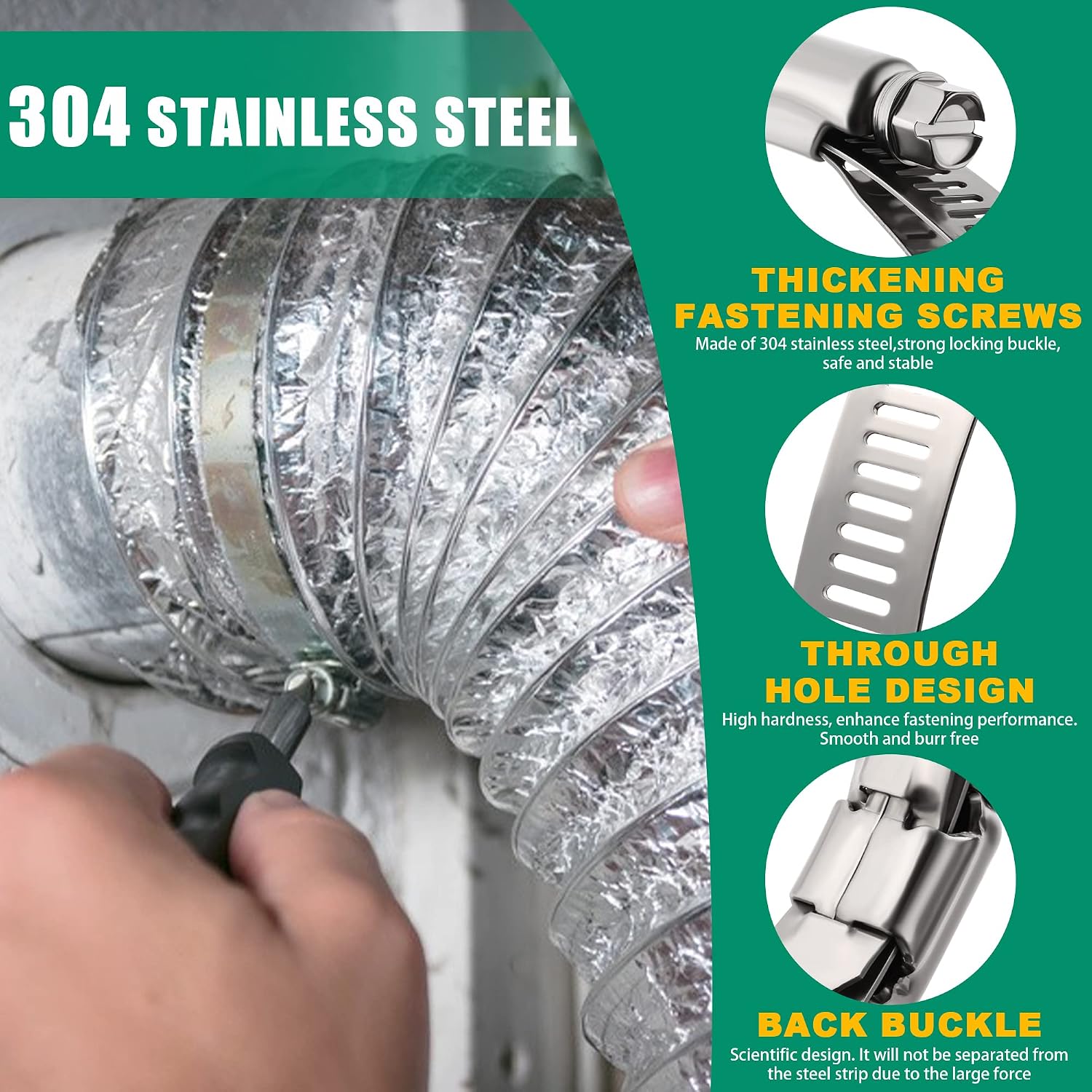 2.5 Inch Hose Clamps, Adjustable 1-13/16"-2-3/4"(46-70mm), 10 PCS | 304 Stainless Steel, Rust Resistant, Large Worm