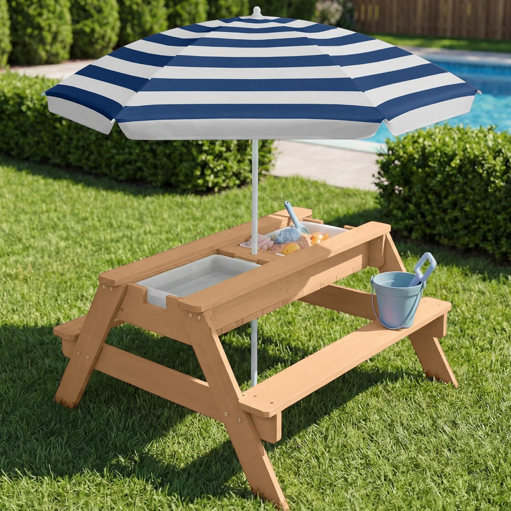 Kids Picnic Table with Umbrella, 3-in-1 Sand & Water Table, Outdoor Convertible Picnic Table for Toddlers, Seats 4
