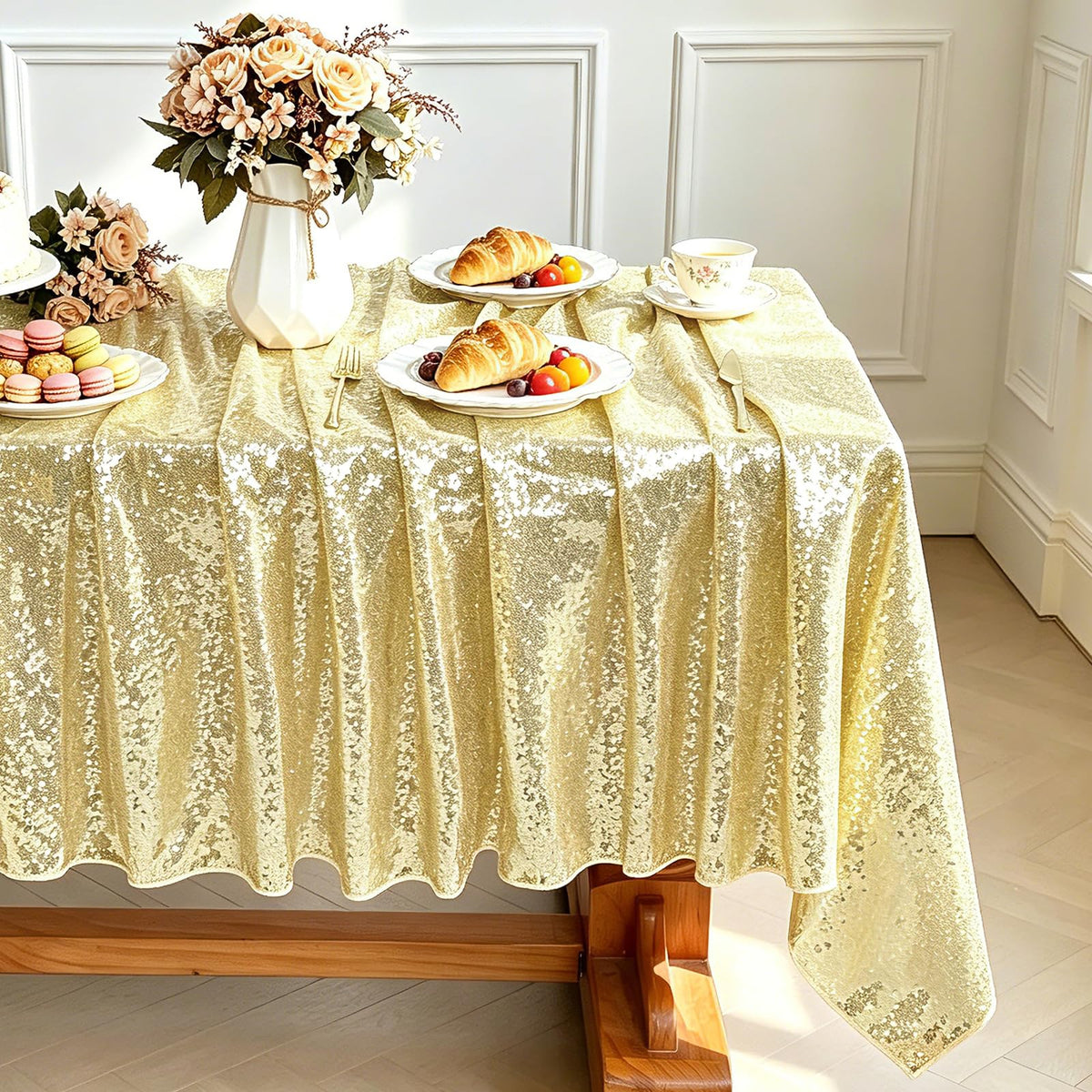 Light Gold Sequin Tablecloth Rectanglar 90" x 132" Glitter Table Cloth
