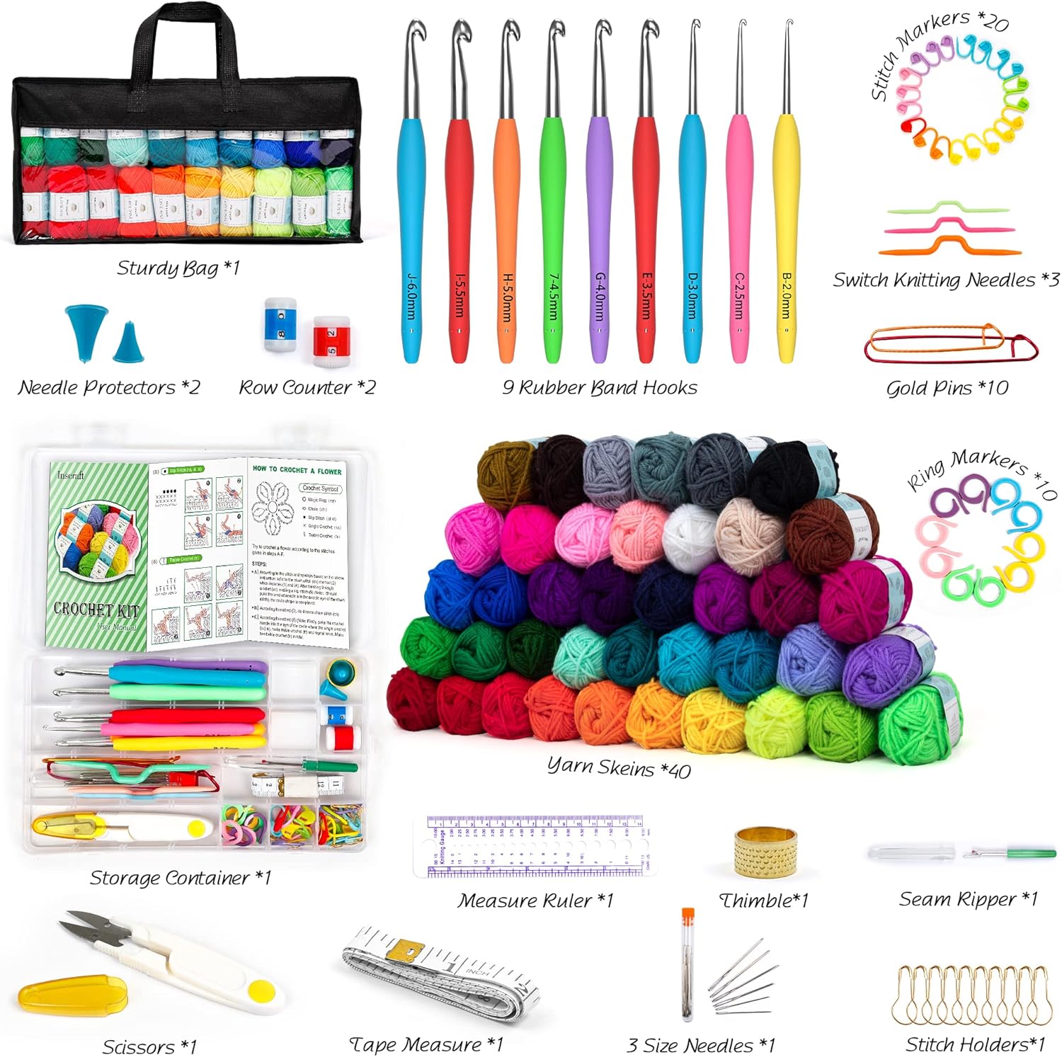 113 Piece Crochet Kit with Yarn Set– 1600 Yards Assorted Yarn for Knitting and Crochet, 73PCS Crochet Accessories Set