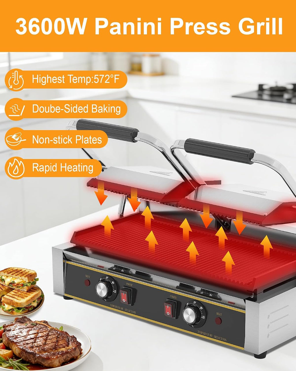 Commercial Panini Press - Electric Sandwich Maker w/ 19"x9" Grooved and Enamel Plates, 3600W Stainless Steel Panini