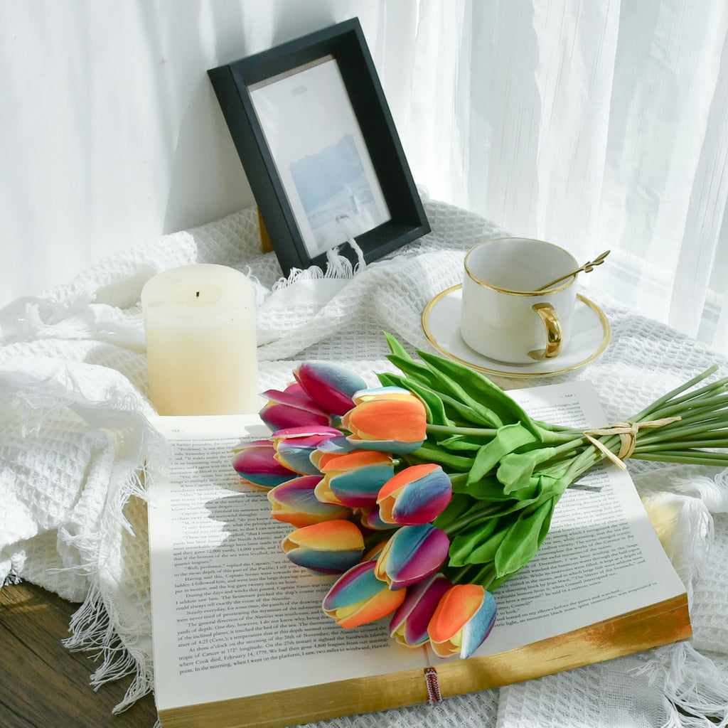 20 Stems Rainbow Artificial Tulip Flowers for Home Centerpieces