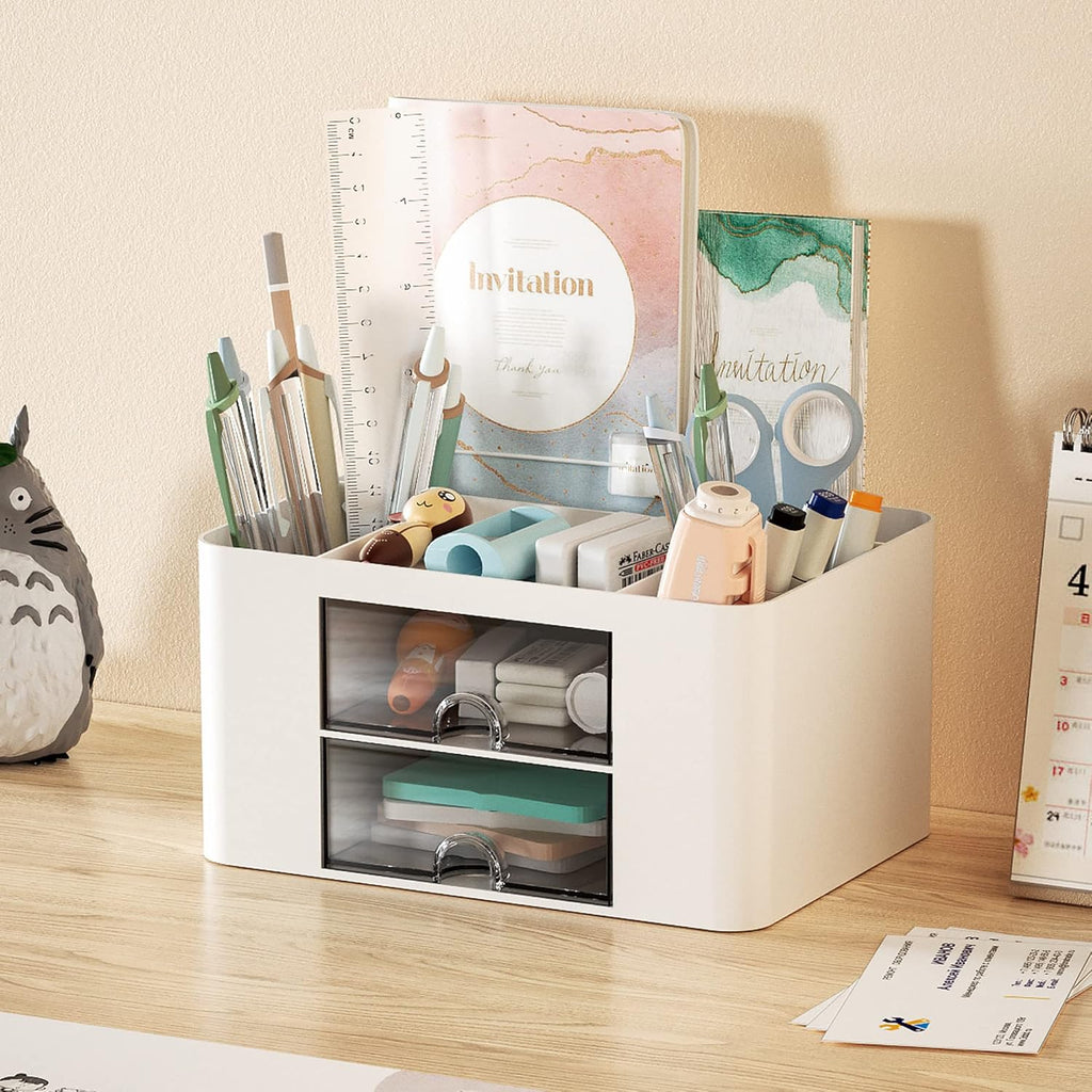 Pen Organizer with 2 Drawer, Multi-Functional Pencil Holder for Desk, Desk Organizers and Accessories with 5
