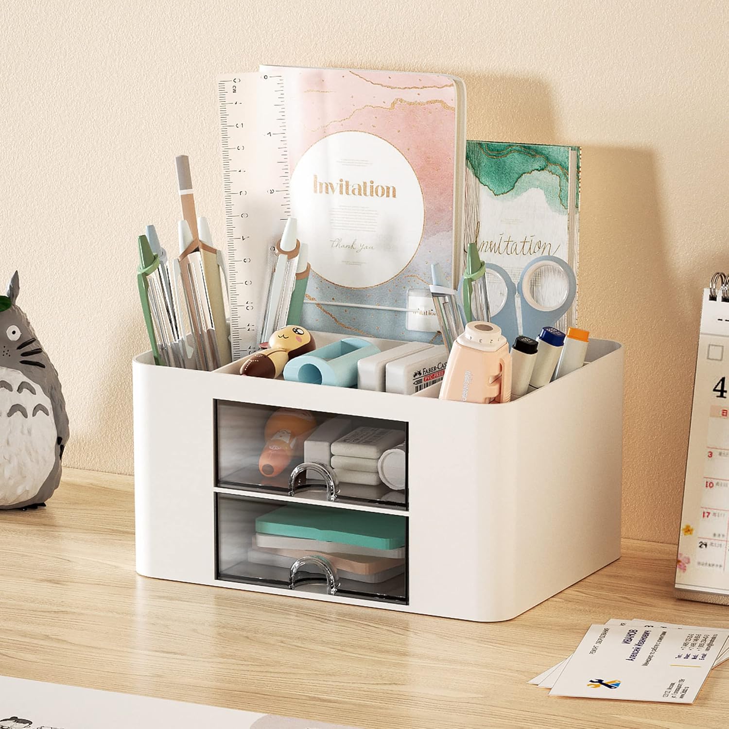 Pen Organizer with 2 Drawer, Multi-Functional Pencil Holder for Desk, Desk Organizers and Accessories with 5