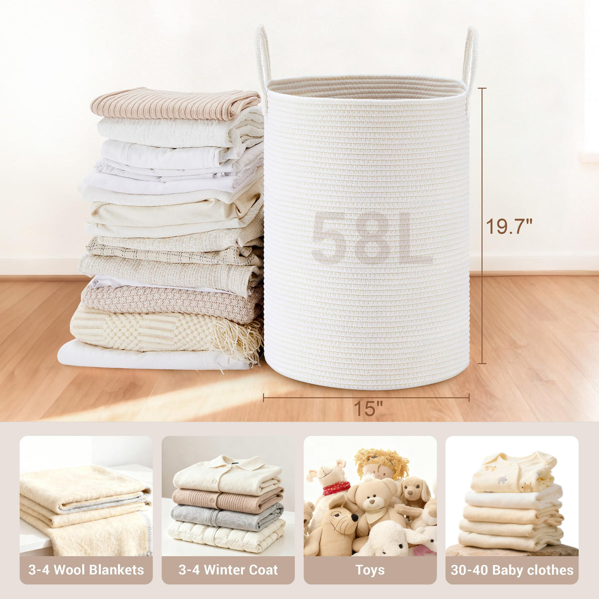 58L Tall Cotton Rope Laundry Basket with Handles, White