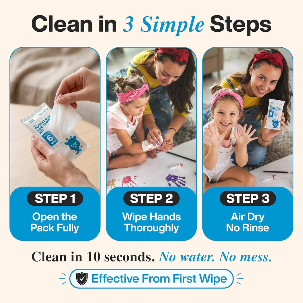 Pocket Hand Sanitizer Wipes – Alcohol-Free & Fragrance-Free – Kills 99.9% of Germs – Safe for Kids & Sensitive Skin –