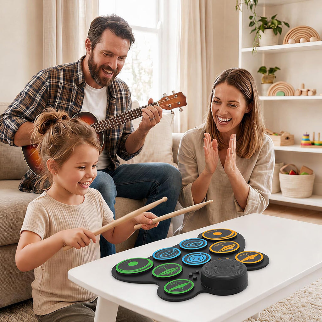 Portable Electric Drum Set for Kids,9+2 Pads Electronic Drum Pad with 0.5in Thickened Silicone&Foot Pedals&Sticks