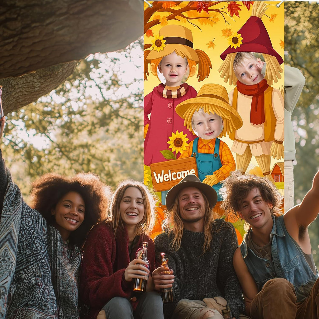 Thanksgiving Photo Door Banner Autumn Harvest Backdrop Pumpkins Scarecrow Turkey Sunflowers Fall Leaves Scene Party