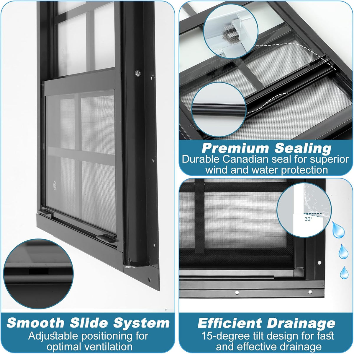 16" W x 16" H Shed Window,Sliding Window, Aluminum Grey Flush Mount with Tempered Glass and Stainless Steel Screen