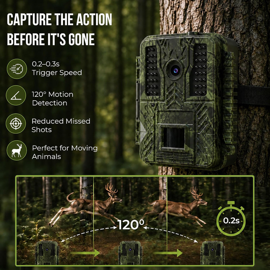 Trail Camera (Non-Cellular Non-WiFi) Up to 32MP Photos, 4K Video, 0.2–0.3s Trigger, 100ft No Glow Night Vision Motion