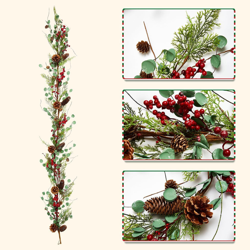 6 Feet Red Berry with Pine Cones Garlands Christmas Garland Realistic Real Touch Garland Artificial Green Leaves