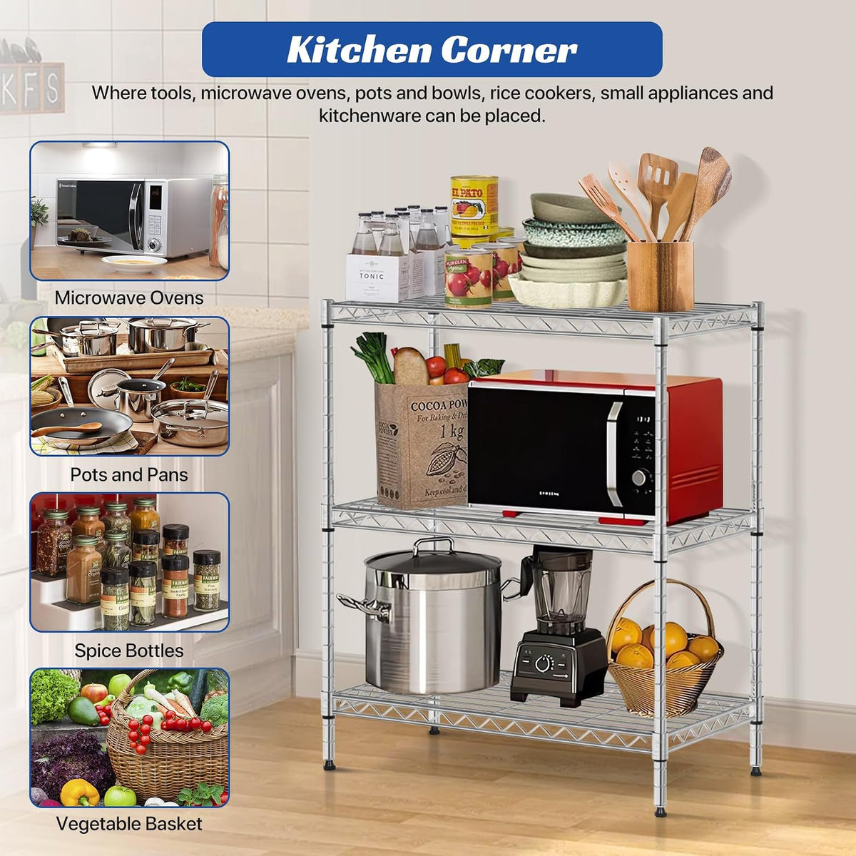 3 Tier Shelf Metal Wire Shelving Unit Adjustable Storage Shelves Storage Rack Heavy Duty Steel Standing Shelf Unit
