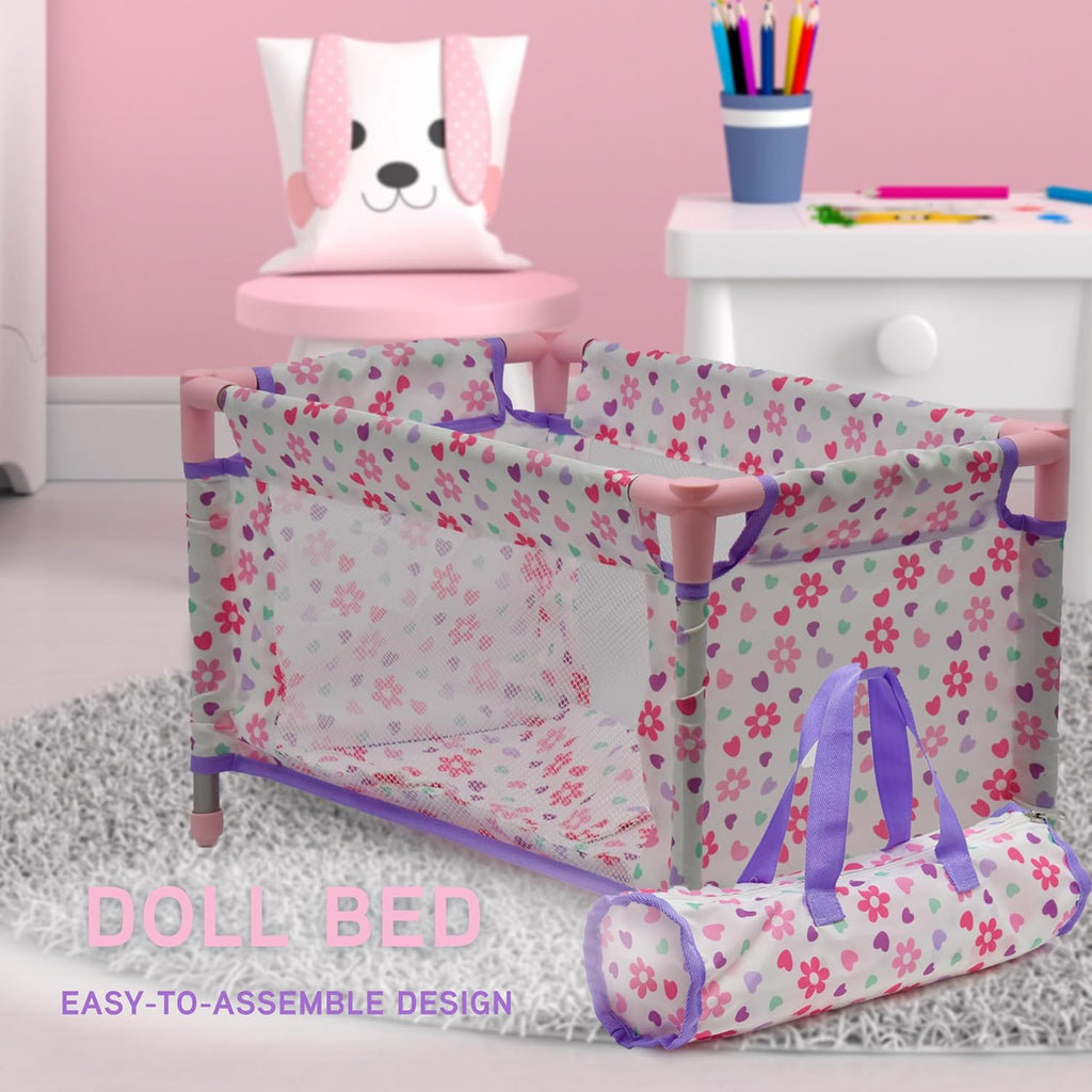 Baby Doll Stroller Bed and Swing Nursery Playset, Baby Doll Accessories Furniture Set Convertible High Chair Diaper