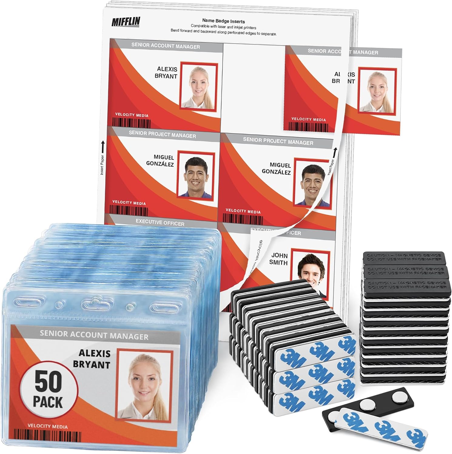 Magnetic Name Badge Holders + Paper Inserts - 50 Pack - 3x4 In Zipperless Horizontal ID Badge Sleeves + Printable