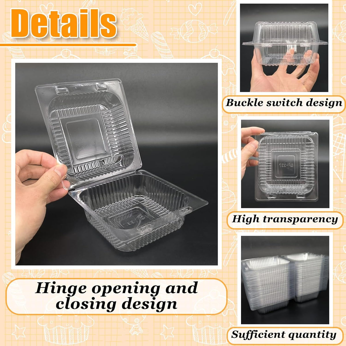 100 Pack Clear Plastic Square Hinged Food Clamshell Container,Disposable To Go Cake Slice Container,Clear Plastic