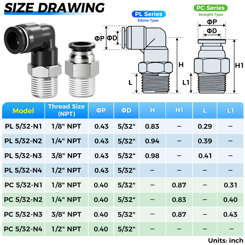 TAILONZ 5/32" x 1/4" NPT Push to Connect Straight & Elbow Fitting Kit 4Pcs