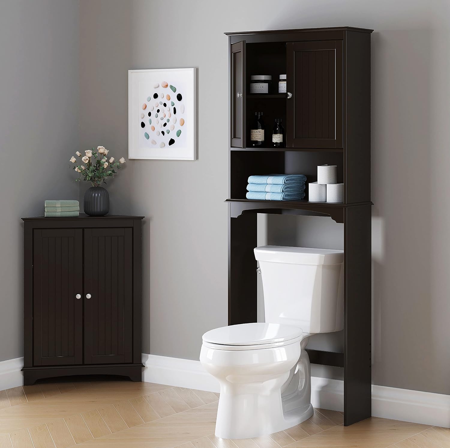 Over Toilet Storage Cabinet with Doors, Espresso Bathroom Organizer | FSC-Certified MDF, Raised Panel Doors